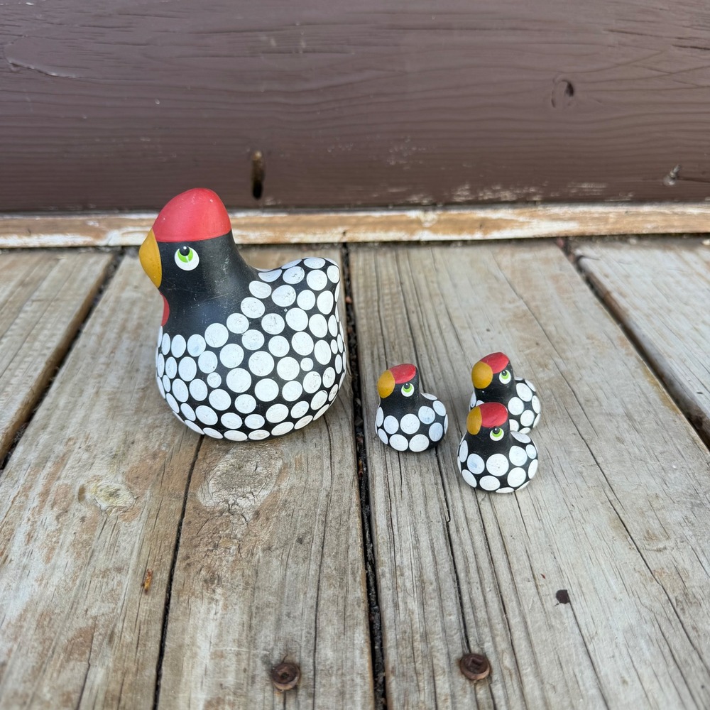 Vintage Ceramic Spotted Guinea Hen Figurine Family Set Hand‎ Painted Clay